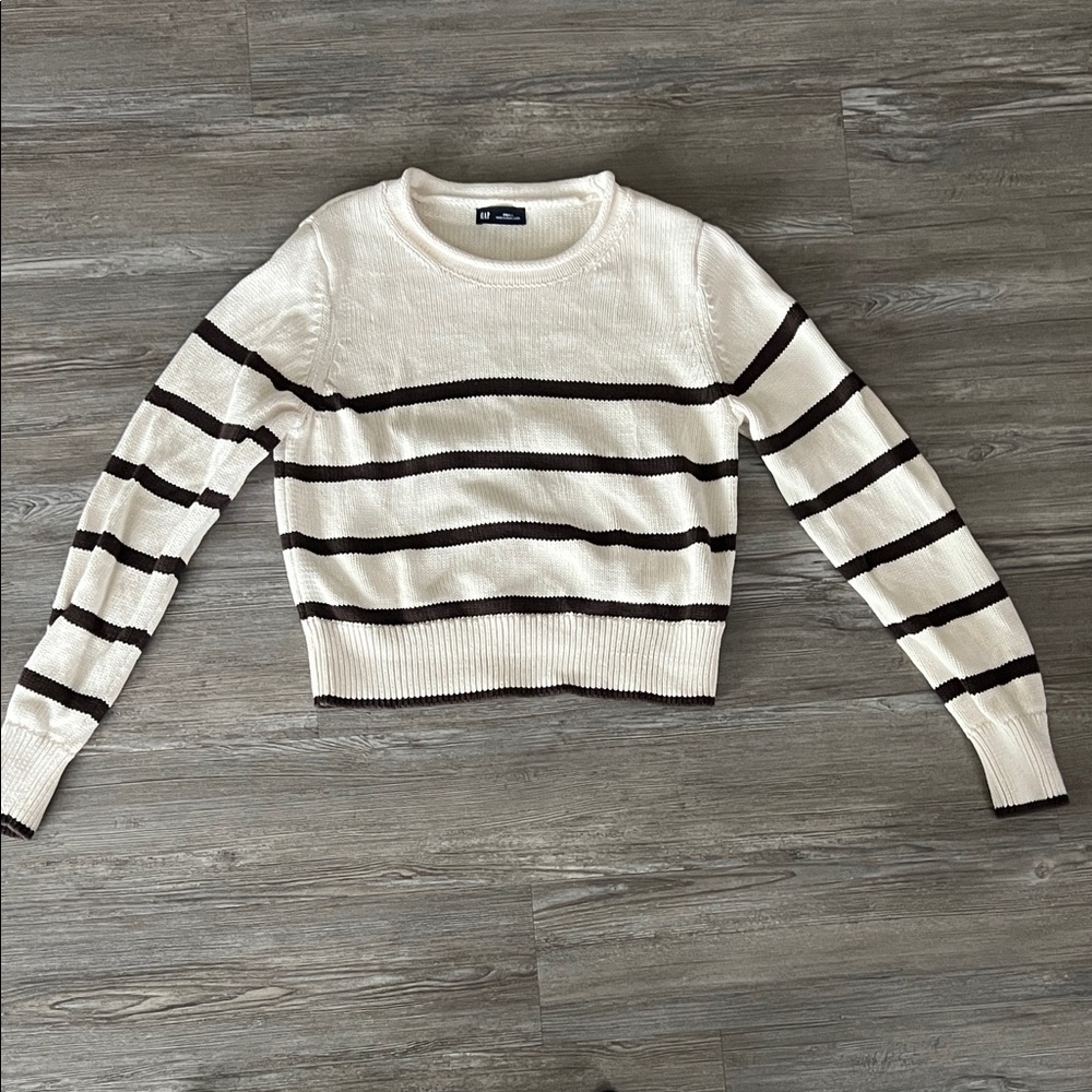 100% Cotton Cropped Striped Cream and Brown Women's Sweater